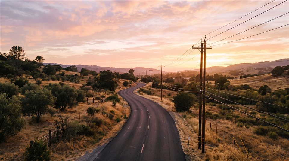 Cena de filme cinematográfica de uma estrada vazia ao pôr do sol com postes de energia, visão de alto ângulo de cima, cores pastel suaves, claro e aconchegante, proporção 16:9