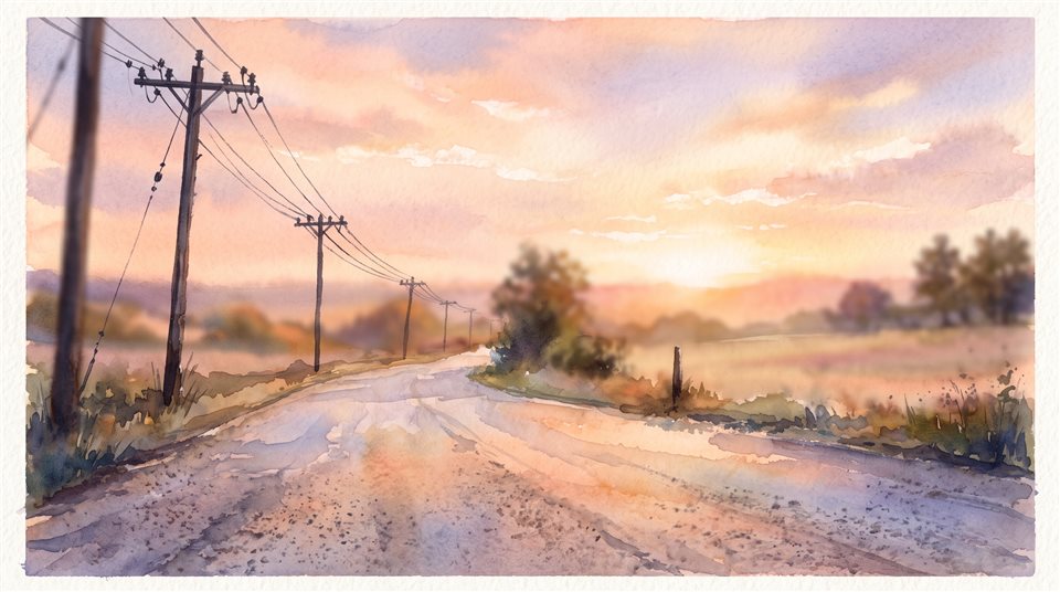 Ilustração em aquarela de uma estrada vazia ao pôr do sol com postes de energia, detalhe em close-up com profundidade de campo rasa, cores pastel suaves, claro e aconchegante, proporção 16:9