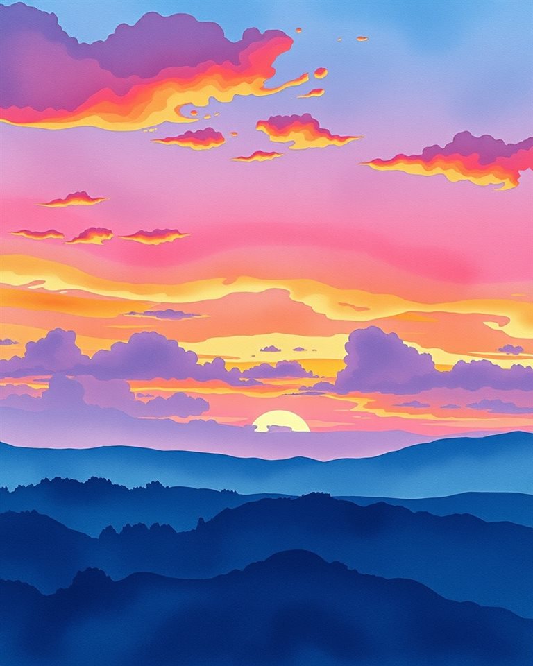Watercolor illustration of A vibrant evening horizon with brilliant gradients of orange, pink, and purple clouds over a calm silhouette landscape., high-angle view from above, cool blue tones, quiet atmosphere, 4:5 aspect ratio