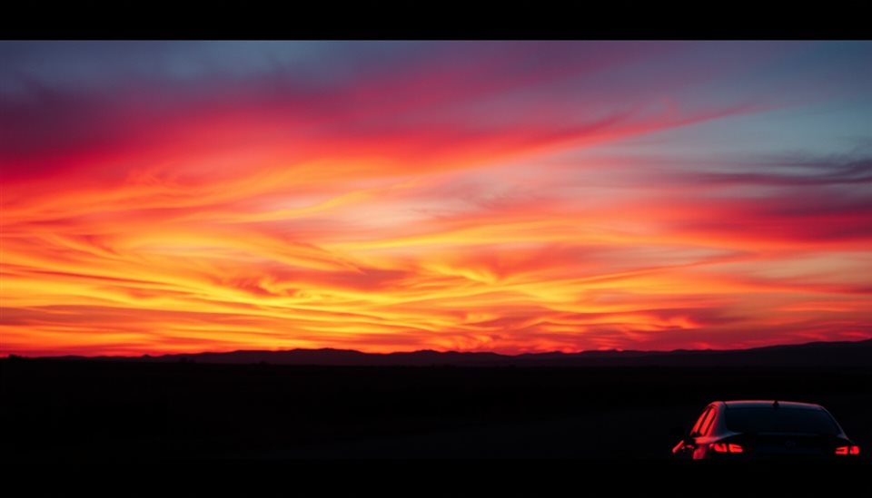 Cinematic film still of A vibrant evening horizon with brilliant gradients of orange, pink, and purple clouds over a calm silhouette landscape., close-up detail with shallow depth of field, vivid colors, high contrast, energetic, 16:9 aspect ratio
