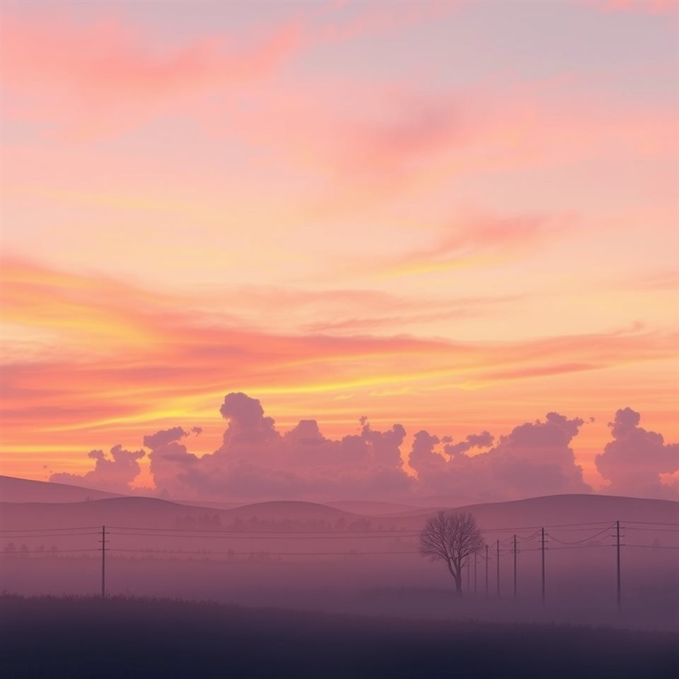Soft 3D render of A vibrant evening horizon with brilliant gradients of orange, pink, and purple clouds over a calm silhouette landscape., wide shot with open space at the top for text, misty morning haze, dreamy, 1:1 aspect ratio