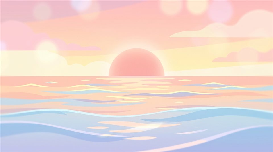 海面上日落的極簡扁平插畫，特寫細節搭配淺景深，柔和的粉彩色調，明亮且溫馨，16:9比例