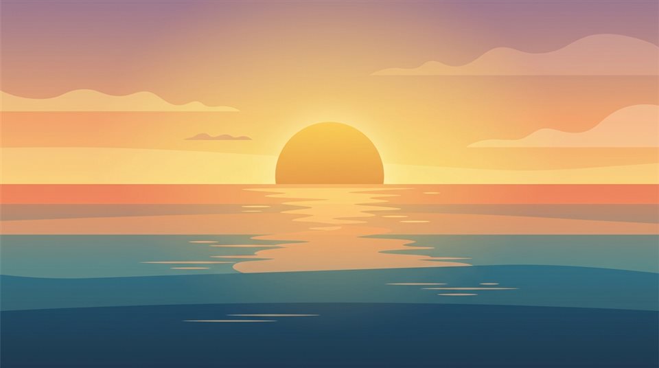 海面上日落的極簡扁平插畫，高角度俯瞰視角，溫暖金黃光線，平靜的氛圍，16:9比例
