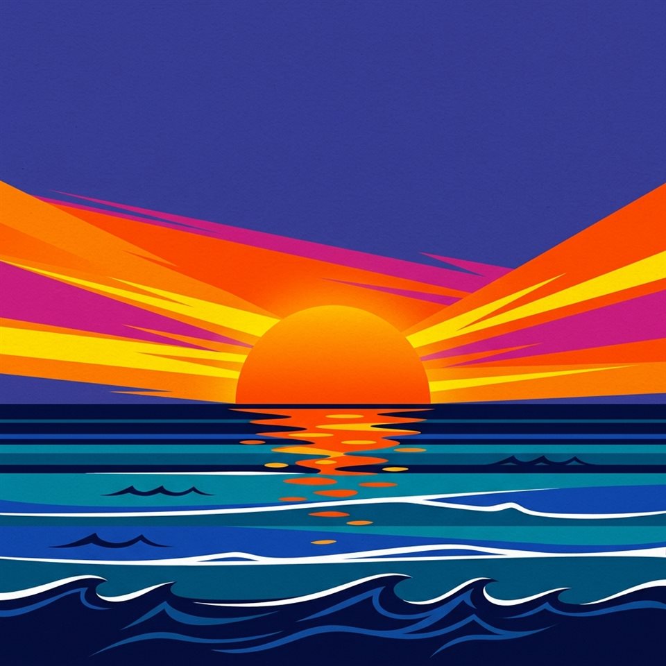 海に沈む夕日のミニマルなフラットイラスト、上部にテキスト用の余白があるワイドショット、鮮やかな色彩、高いコントラスト、エネルギッシュな雰囲気、1:1 アスペクト比
