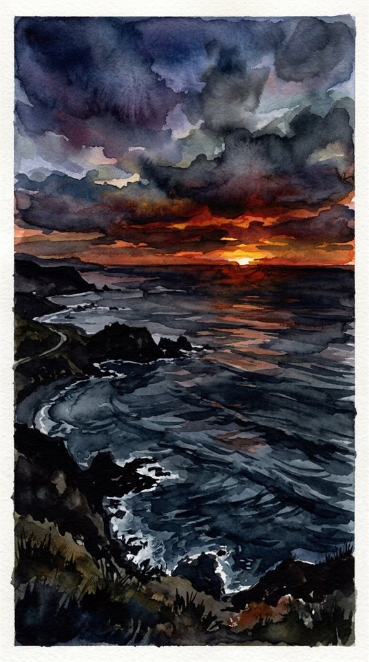 Ilustración en acuarela de una puesta de sol sobre el mar, vista en ángulo picado desde arriba, tonos oscuros melancólicos, iluminación dramática, relación de aspecto 9:16