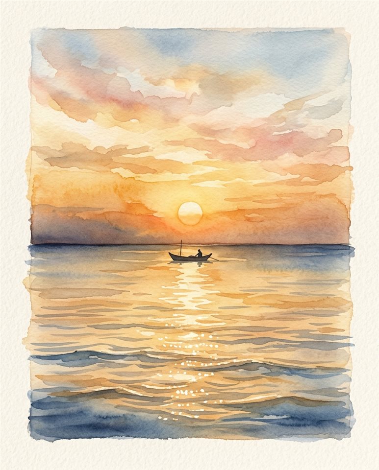 海面上日落的水彩插畫，置中主體搭配乾淨簡潔的背景，溫暖金黃光線，平靜的氛圍，4:5比例