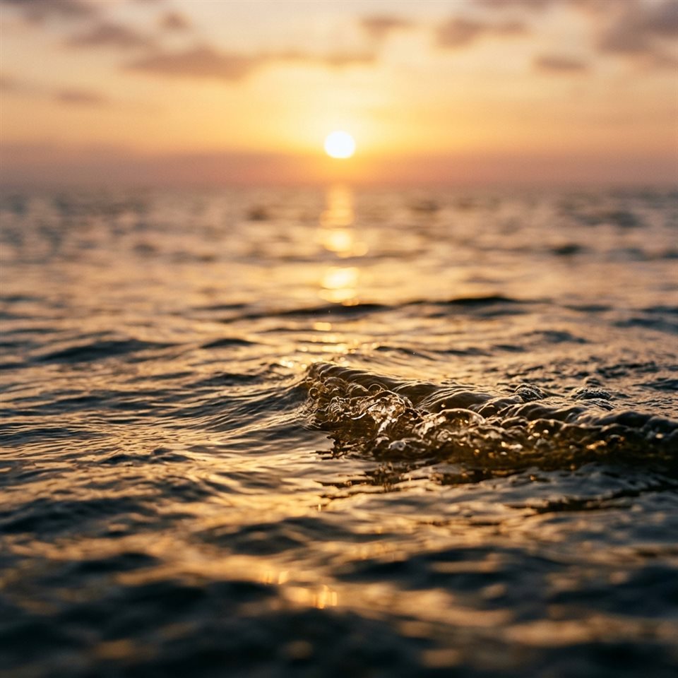 Foto fotorrealista de una puesta de sol sobre el mar, detalle en primer plano con poca profundidad de campo, luz dorada cálida, ambiente sereno, relación de aspecto 1:1