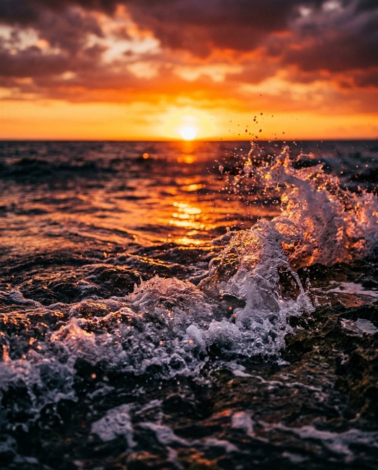 海面上日落的電影級劇照，特寫細節搭配淺景深，鮮明色彩，強烈對比，充滿活力，4:5比例