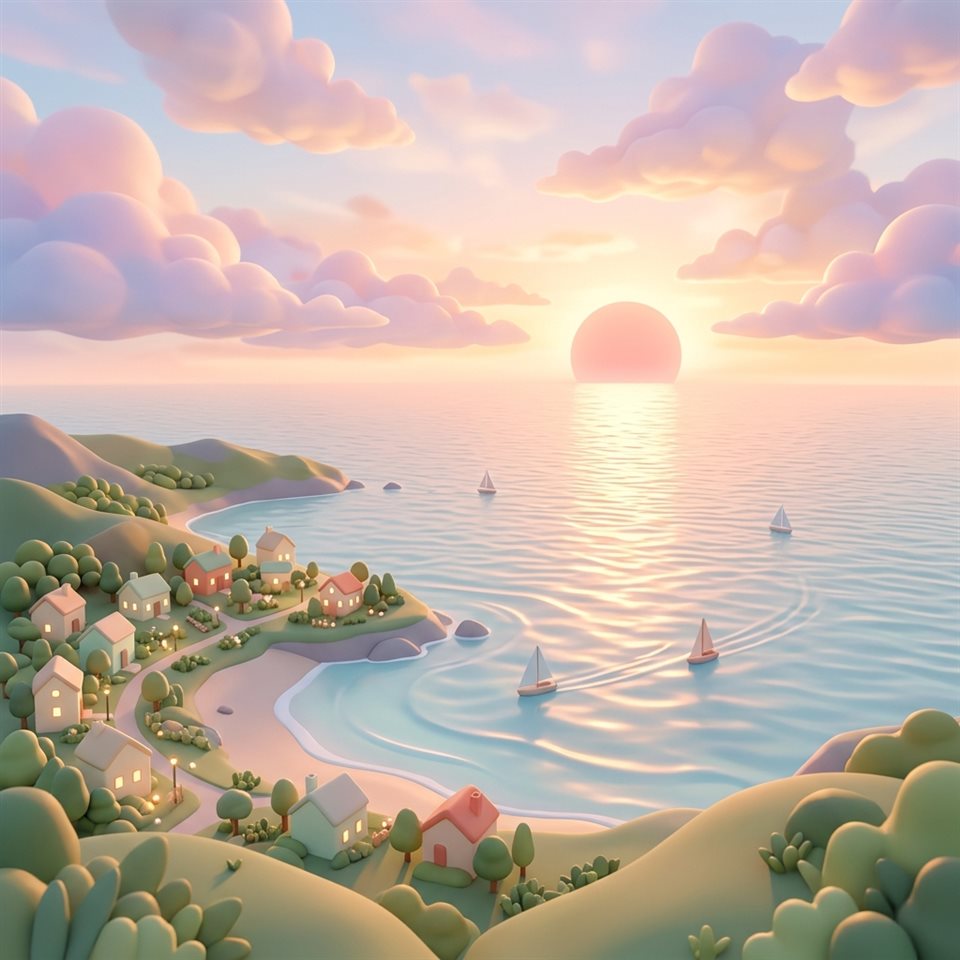 Renderização 3D suave de pôr do sol sobre o mar, vista de ângulo alto de cima, cores pastel suaves, brilhante e aconchegante, proporção 1:1