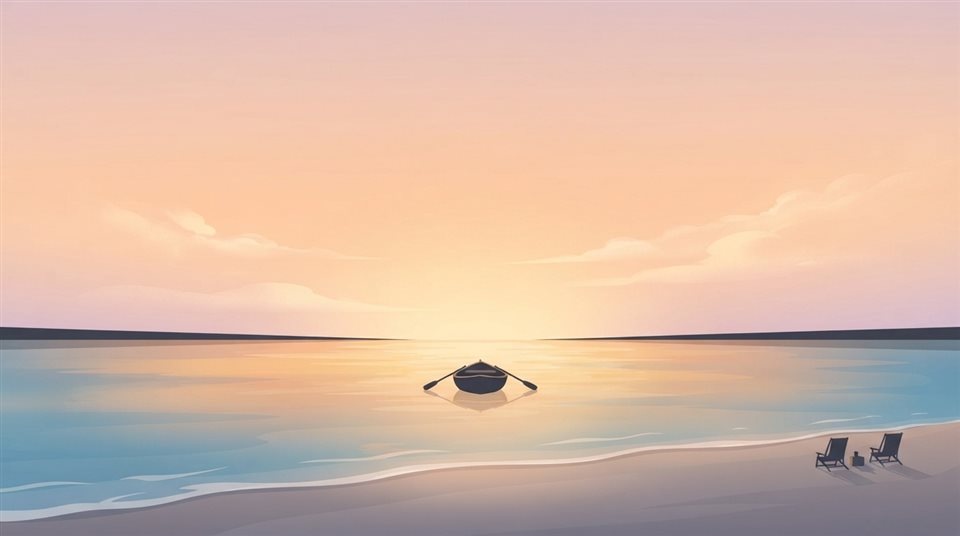 Minimal flat illustration of Realistic photo of a golden sunset over a calm ocean viewed from eye level, with empty sky space on top for text, horizontal landscape format, centered subject with a simple uncluttered composition, soft pastel colors, bright and cozy, 16:9 aspect ratio
