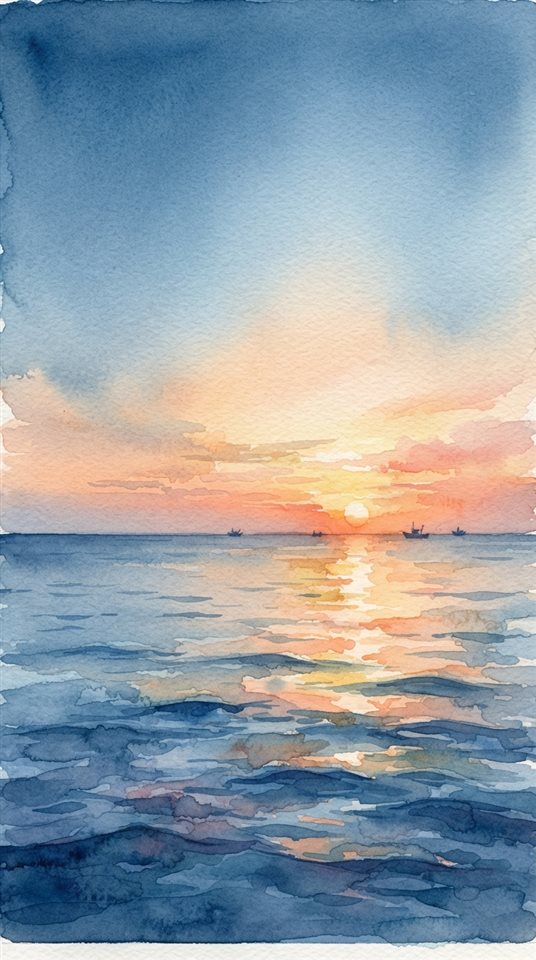Watercolor illustration of Realistic photo of a golden sunset over a calm ocean viewed from eye level, with empty sky space on top for text, horizontal landscape format, close-up detail with shallow depth of field, cool blue tones, quiet atmosphere, 9:16 aspect ratio