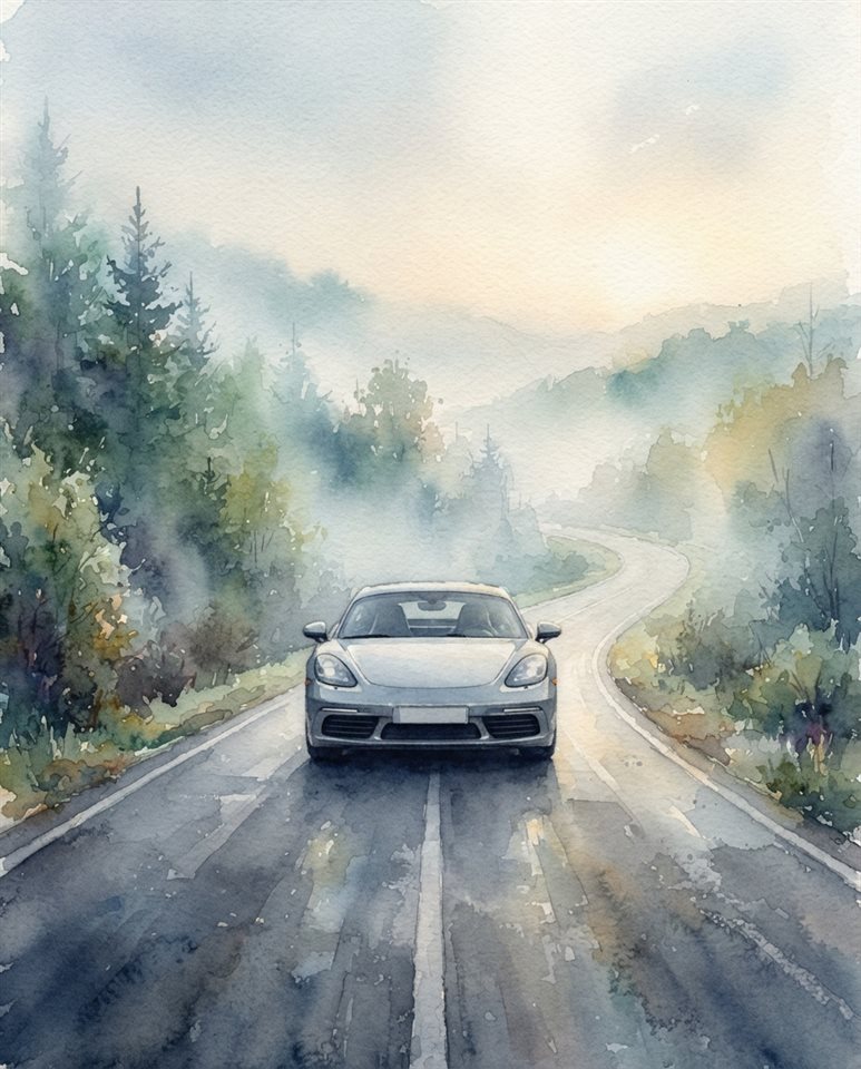 Watercolor illustration of sleek generic sports car on an empty road, no brand badges, centered subject with a simple uncluttered composition, misty morning haze, dreamy, 4:5 aspect ratio