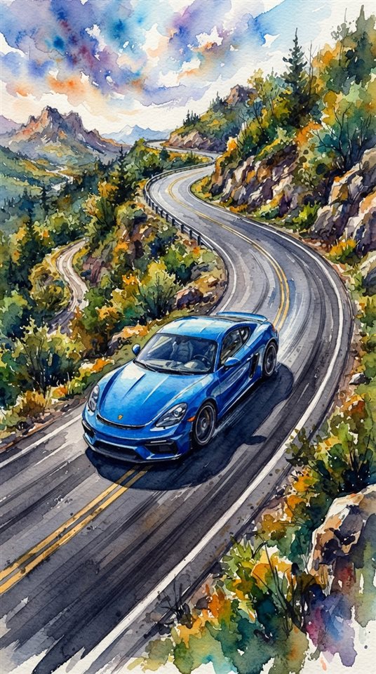 Watercolor illustration of sleek generic sports car on an empty road, no brand badges, high-angle view from above, vivid colors, high contrast, energetic, 9:16 aspect ratio