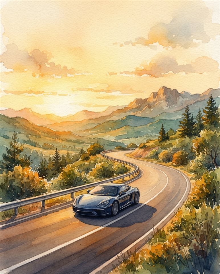 Watercolor illustration of sleek generic sports car on an empty road, no brand badges, wide shot with open space at the top for text, warm golden light, calm mood, 4:5 aspect ratio