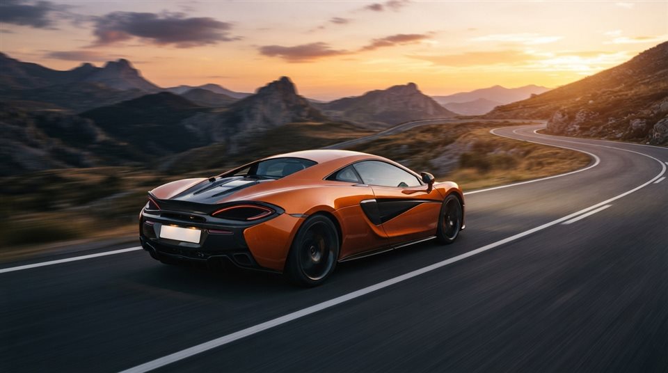 Photorealistic photo of sleek generic sports car on an empty road, no brand badges, centered subject with a simple uncluttered composition, vivid colors, high contrast, energetic, 16:9 aspect ratio