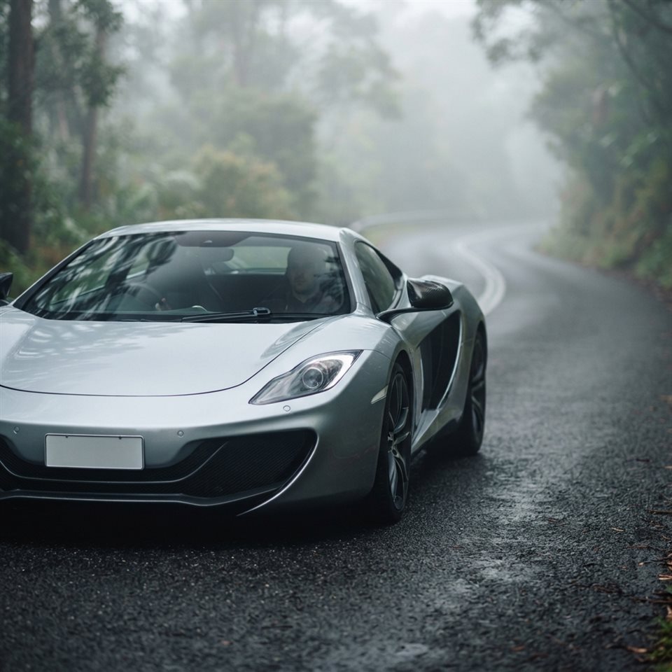 Photorealistic photo of sleek generic sports car on an empty road, no brand badges, close-up detail with shallow depth of field, misty morning haze, dreamy, 1:1 aspect ratio