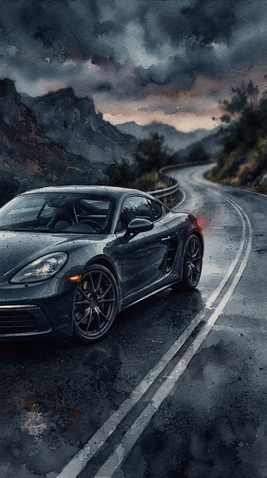 Watercolor illustration of sleek generic sports car on an empty road, no brand badges, close-up detail with shallow depth of field, moody dark tones, dramatic lighting, 9:16 aspect ratio