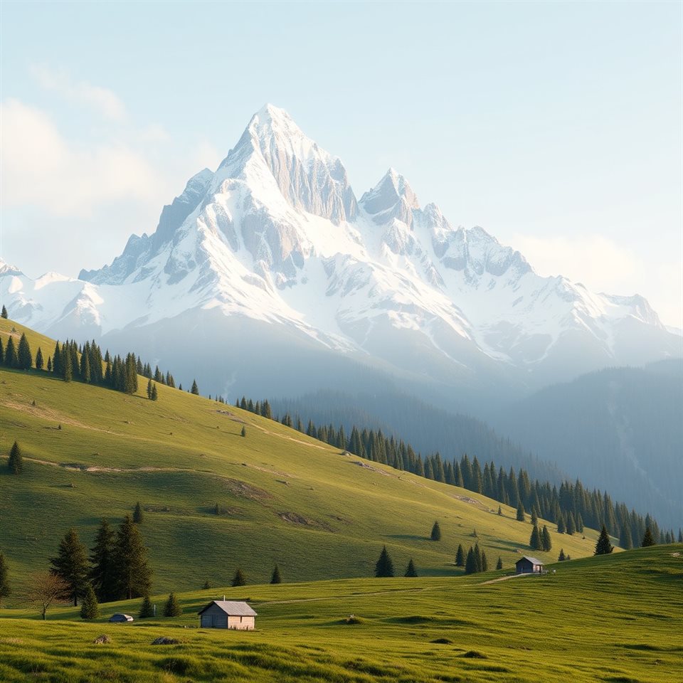 Soft 3D render of Snow-capped jagged mountain peaks of the Swiss Alps towering over a green alpine meadow, wide shot with open space at the top for text, misty morning haze, dreamy, 1:1 aspect ratio