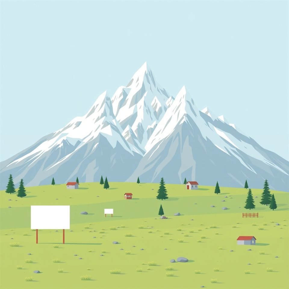 Minimal flat illustration of Snow-capped jagged mountain peaks of the Swiss Alps towering over a green alpine meadow, wide shot with open space at the top for text, soft pastel colors, bright and cozy, 1:1 aspect ratio