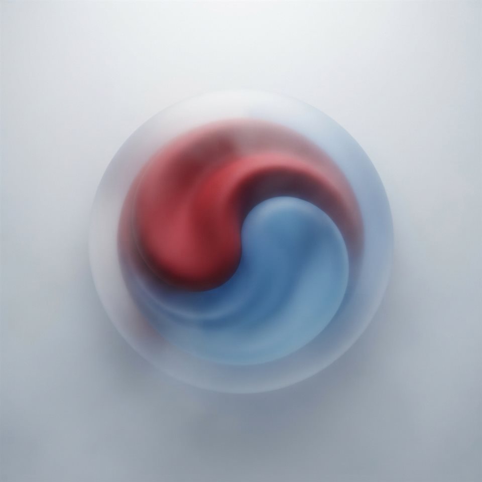 Soft 3D render of an abstract red and blue taegeuk swirl design on a clean background, high-angle view from above, misty morning haze, dreamy, 1:1 aspect ratio