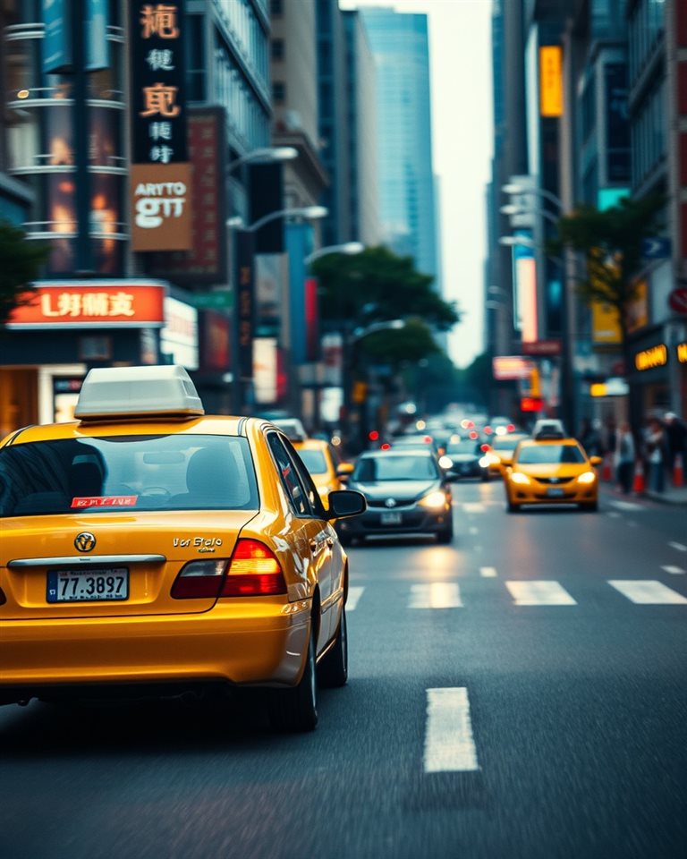 Cinematic film still of A modern yellow taxi cab driving down a bustling city avenue with motion blur, close-up detail with shallow depth of field, vivid colors, high contrast, energetic, 4:5 aspect ratio