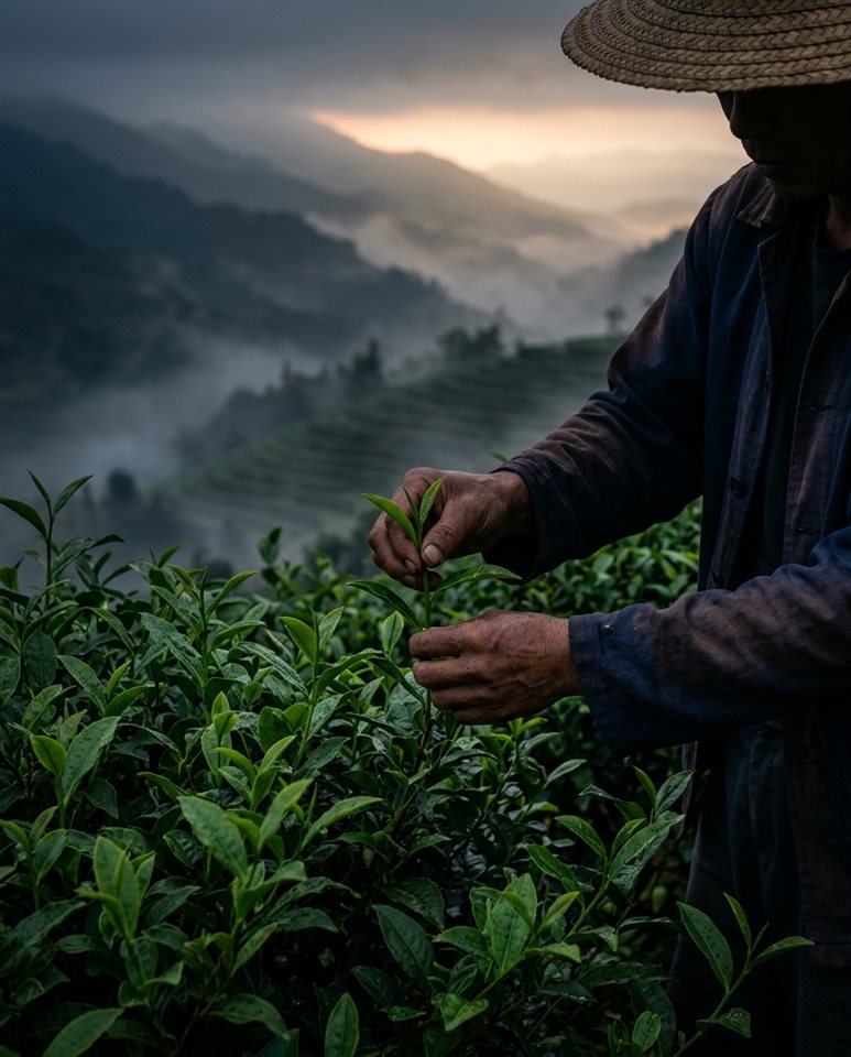 Photorealistic photo of Close-up of fresh green tea leaves being harvested in a misty mountain plantation at sunrise, centered subject with a simple uncluttered composition, moody dark tones, dramatic lighting, 4:5 aspect ratio