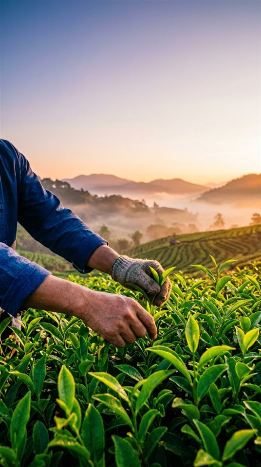 Cinematic film still of Close-up of fresh green tea leaves being harvested in a misty mountain plantation at sunrise, wide shot with open space at the top for text, vivid colors, high contrast, energetic, 9:16 aspect ratio