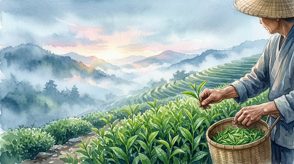 Watercolor illustration of Close-up of fresh green tea leaves being harvested in a misty mountain plantation at sunrise, wide shot with open space at the top for text, cool blue tones, quiet atmosphere, 16:9 aspect ratio