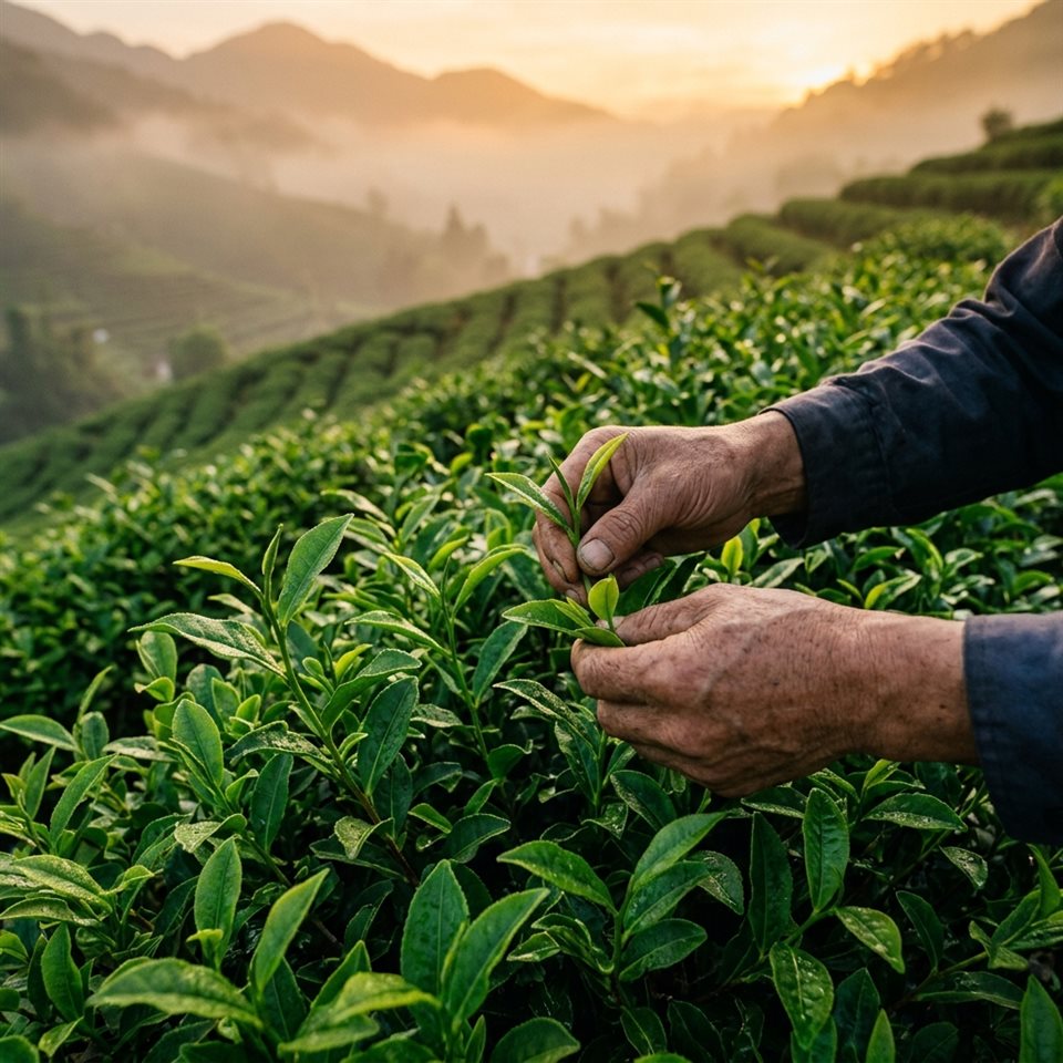 Photorealistic photo of Close-up of fresh green tea leaves being harvested in a misty mountain plantation at sunrise, high-angle view from above, warm golden light, calm mood, 1:1 aspect ratio