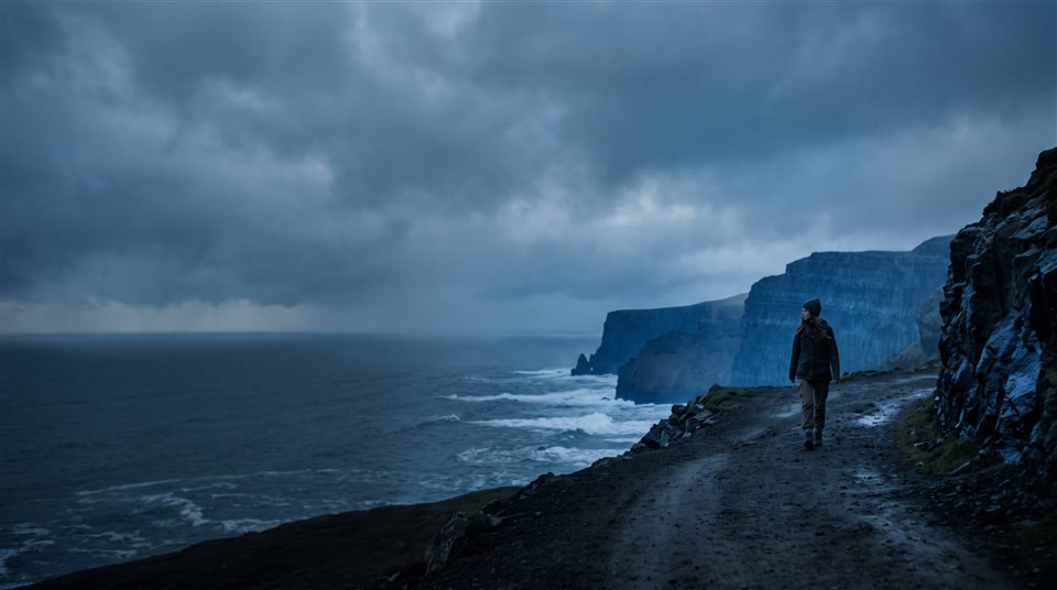 Fotograma de filme cinematográfico de fundo dramático ousado com espaço vazio no lado esquerdo para uma pessoa e um título, assunto centralizado com uma composição simples e limpa, tons de azul frios, atmosfera tranquila, proporção 16:9