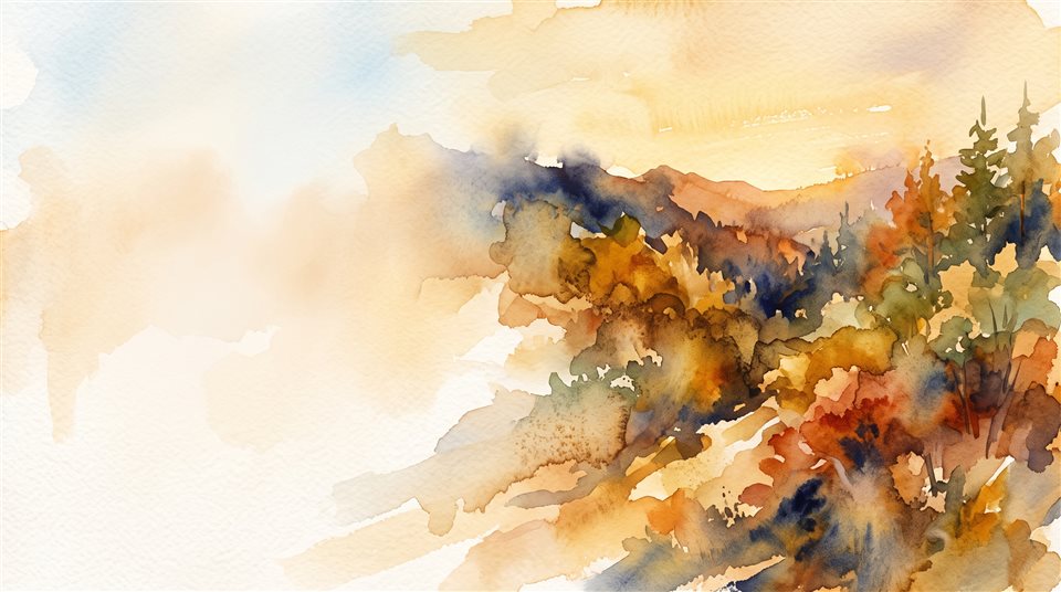 Ilustração em aquarela de fundo dramático marcante com espaço vazio na metade esquerda para uma pessoa e um título, detalhe em close-up com profundidade de campo rasa, luz dourada quente, clima calmo, proporção 16:9