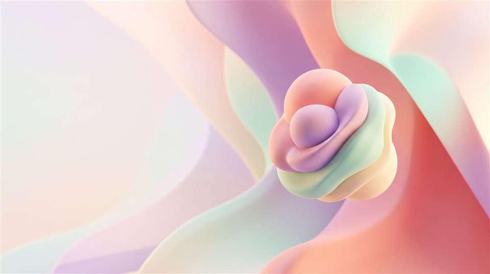 Renderização 3D suave de fundo dramático ousado com espaço vazio no lado esquerdo para uma pessoa e um título, assunto centralizado com uma composição simples e limpa, cores pastéis suaves, brilhante e aconchegante, proporção 16:9