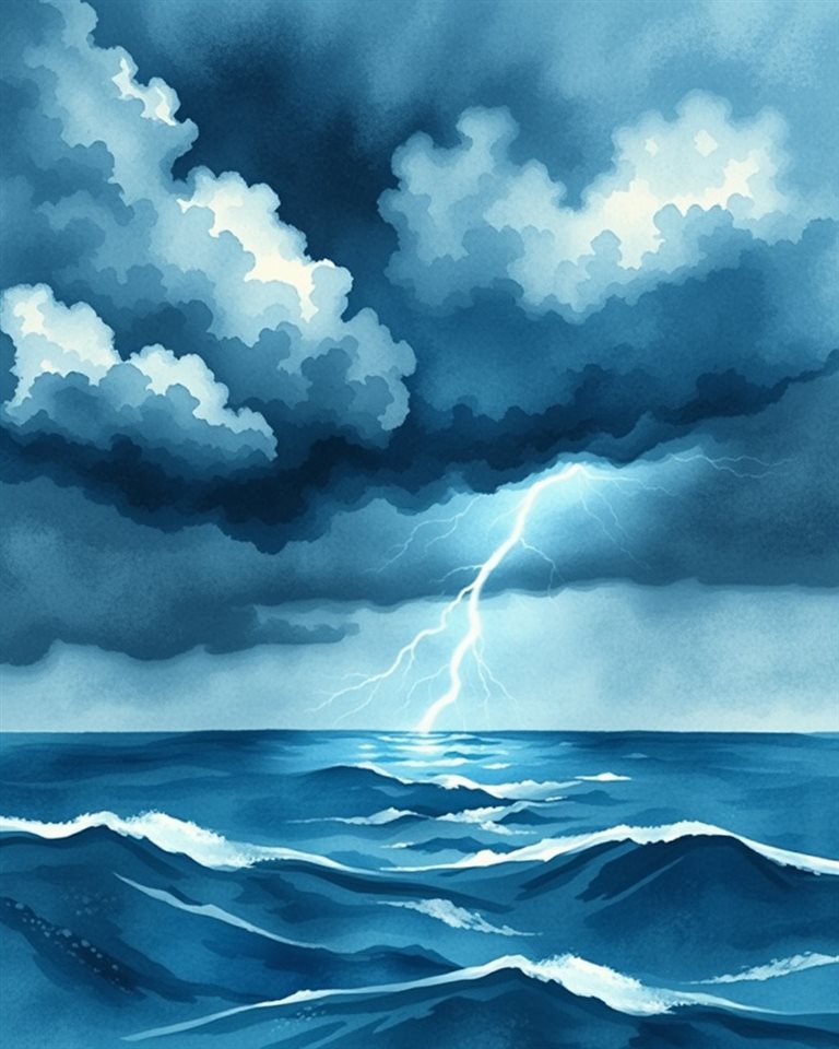 Watercolor illustration of Dark dramatic storm clouds over a stormy sea with a powerful lightning bolt striking the water, close-up detail with shallow depth of field, cool blue tones, quiet atmosphere, 4:5 aspect ratio