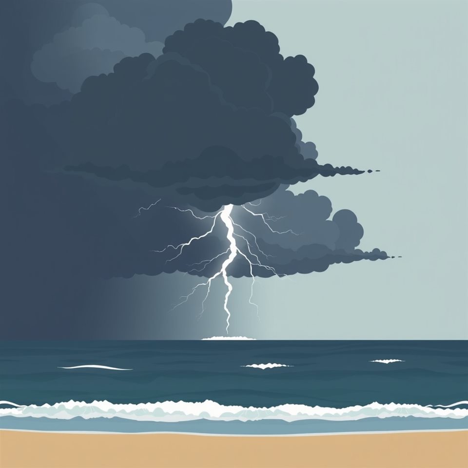 Minimal flat illustration of Dark dramatic storm clouds over a stormy sea with a powerful lightning bolt striking the water, centered subject with a simple uncluttered composition, soft pastel colors, bright and cozy, 1:1 aspect ratio
