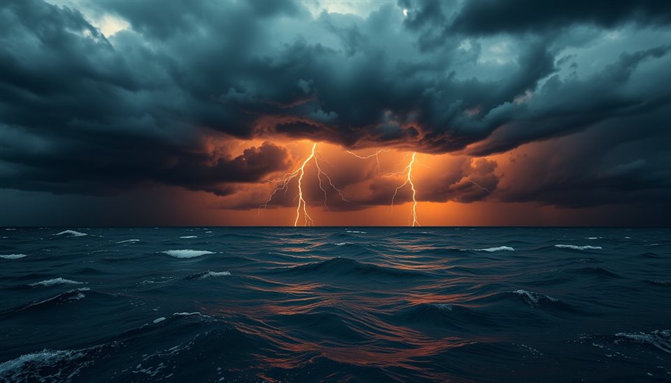 Photorealistic photo of Dark dramatic storm clouds over a stormy sea with a powerful lightning bolt striking the water, wide shot with open space at the top for text, warm golden light, calm mood, 16:9 aspect ratio