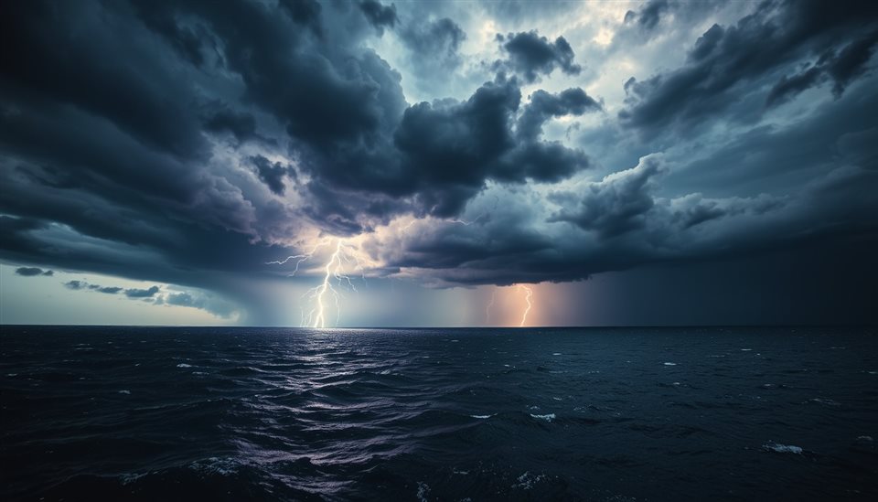Cinematic film still of Dark dramatic storm clouds over a stormy sea with a powerful lightning bolt striking the water, high-angle view from above, vivid colors, high contrast, energetic, 16:9 aspect ratio