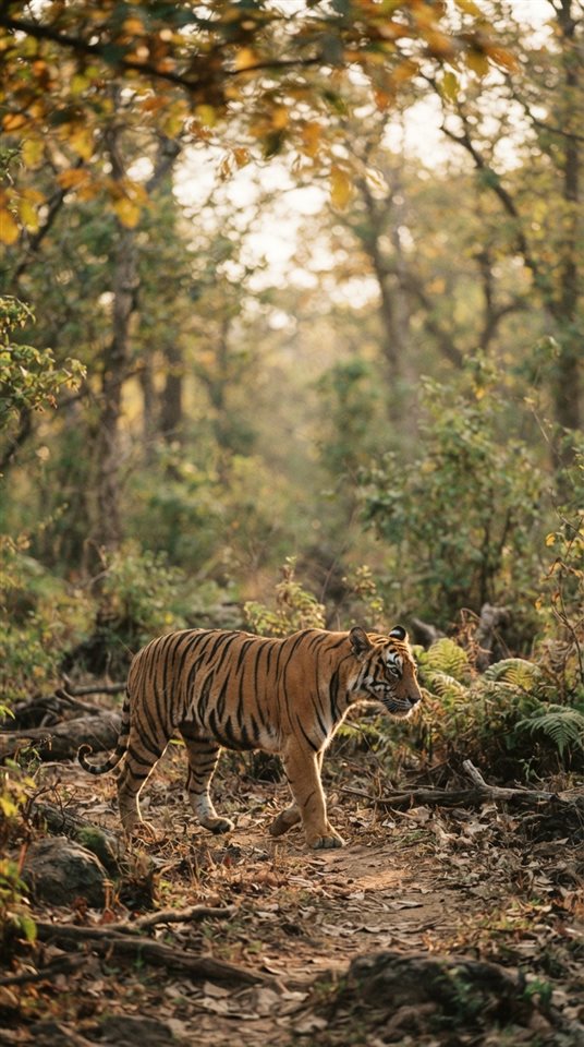 Cinematic film still of a majestic tiger, wide shot with open space at the top for text, warm golden light, calm mood, 9:16 aspect ratio