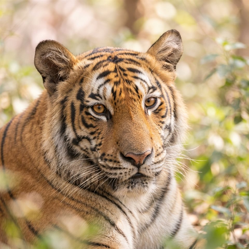 Photorealistic photo of a majestic tiger, close-up detail with shallow depth of field, soft pastel colors, bright and cozy, 1:1 aspect ratio