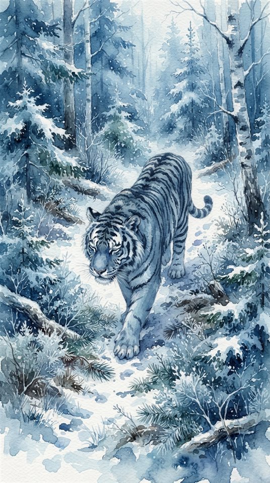 Watercolor illustration of a majestic tiger, high-angle view from above, cool blue tones, quiet atmosphere, 9:16 aspect ratio