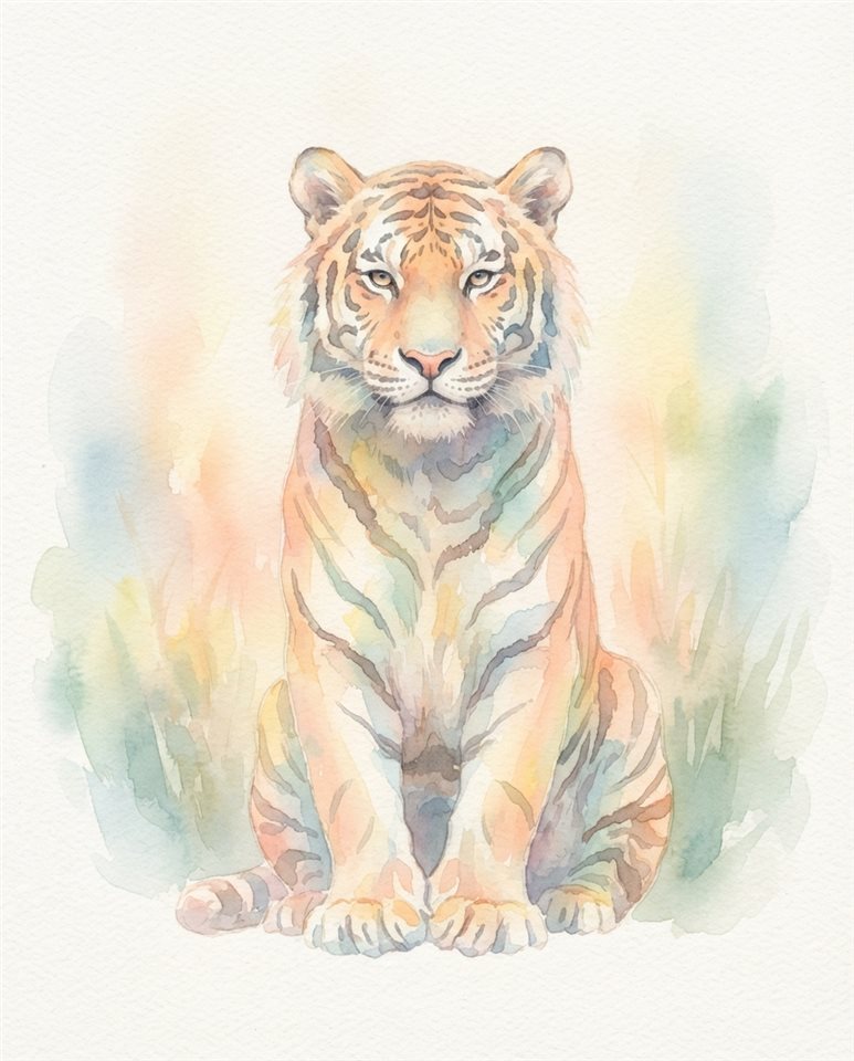 Watercolor illustration of a majestic tiger, centered subject with a simple uncluttered composition, soft pastel colors, bright and cozy, 4:5 aspect ratio