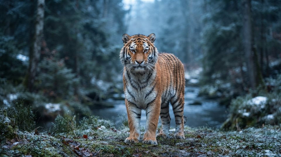 Photorealistic photo of a majestic tiger, centered subject with a simple uncluttered composition, cool blue tones, quiet atmosphere, 16:9 aspect ratio
