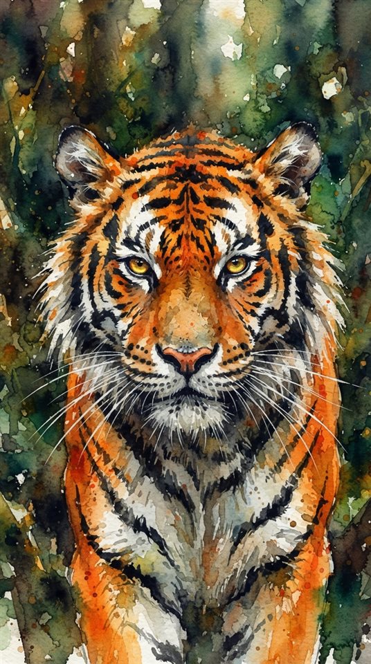 Watercolor illustration of a majestic tiger, close-up detail with shallow depth of field, vivid colors, high contrast, energetic, 9:16 aspect ratio