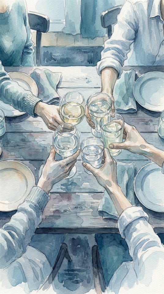 Watercolor illustration of glasses raised in a toast, high-angle view from above, cool blue tones, quiet atmosphere, 9:16 aspect ratio