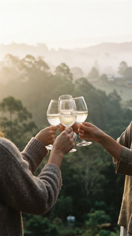 舉杯慶祝的電影劇照，以簡單整潔的構圖將主體置於中心，朦朧的早晨薄霧，夢幻，9:16 比例