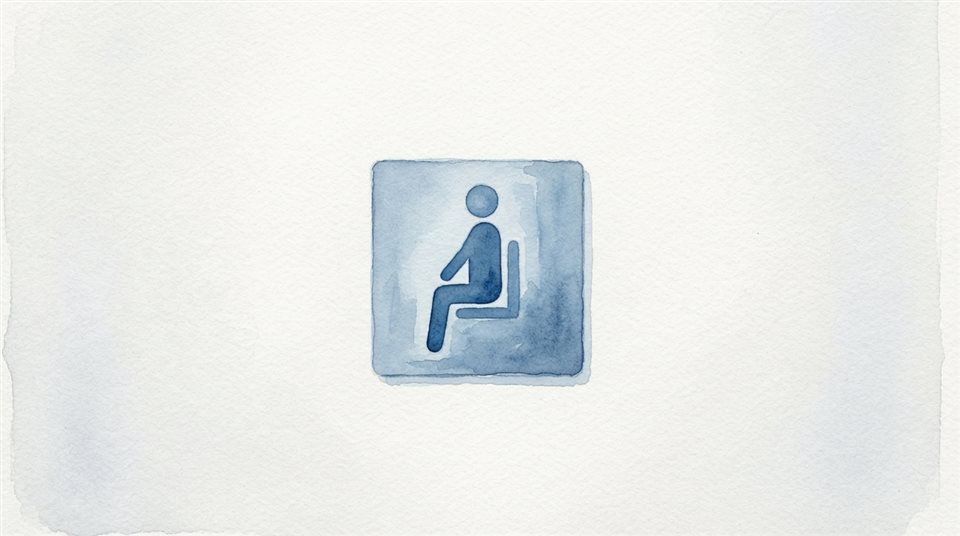 Watercolor illustration of a clean and modern minimalist toilet sign pictogram on a white wall, centered subject with a simple uncluttered composition, cool blue tones, quiet atmosphere, 16:9 aspect ratio