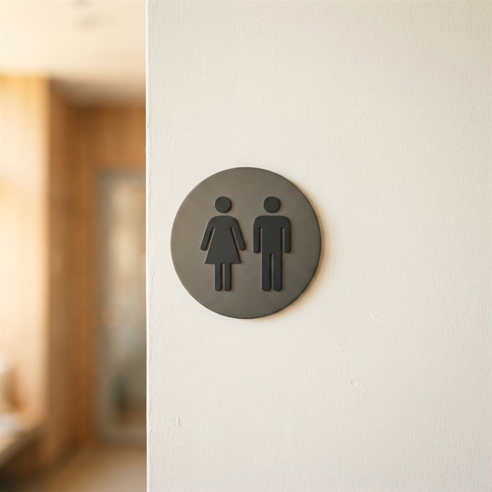 Photorealistic photo of a clean and modern minimalist toilet sign pictogram on a white wall, close-up detail with shallow depth of field, warm golden light, calm mood, 1:1 aspect ratio