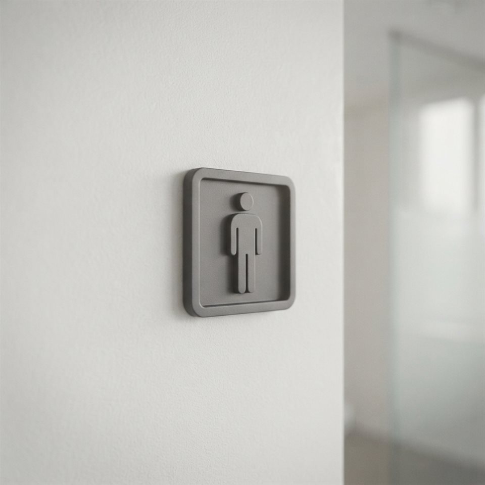 Soft 3D render of a clean and modern minimalist toilet sign pictogram on a white wall, close-up detail with shallow depth of field, misty morning haze, dreamy, 1:1 aspect ratio