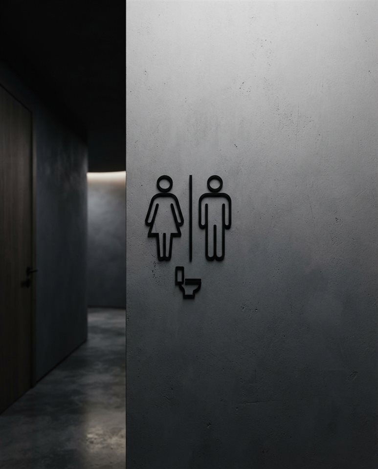 Photorealistic photo of a clean and modern minimalist toilet sign pictogram on a white wall, wide shot with open space at the top for text, moody dark tones, dramatic lighting, 4:5 aspect ratio