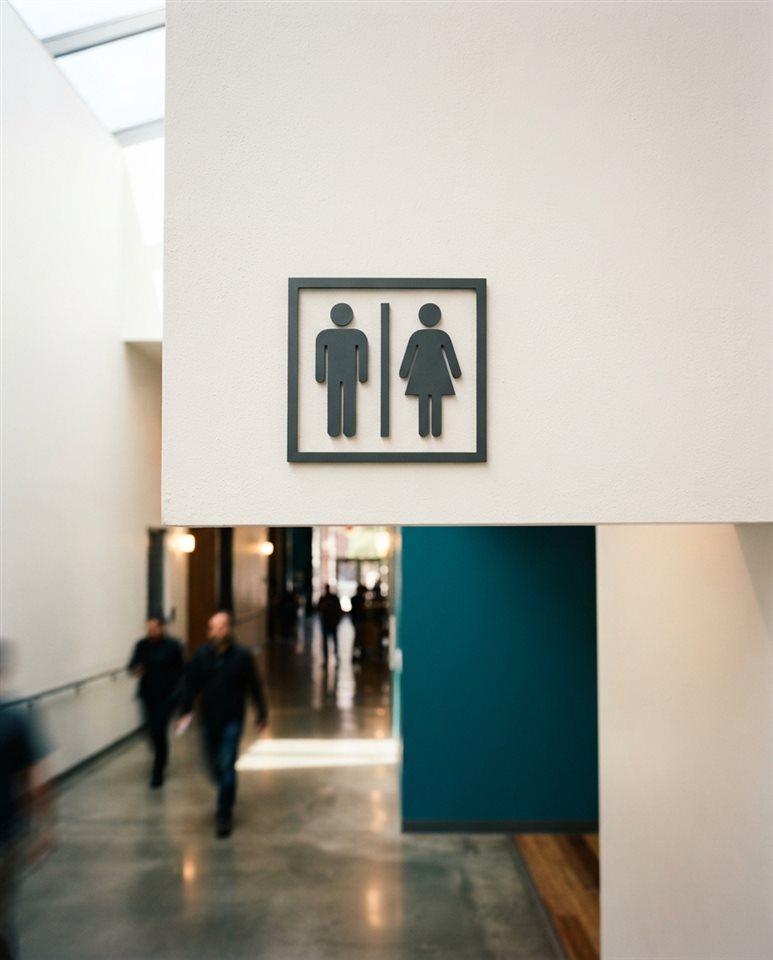 Cinematic film still of a clean and modern minimalist toilet sign pictogram on a white wall, wide shot with open space at the top for text, vivid colors, high contrast, energetic, 4:5 aspect ratio