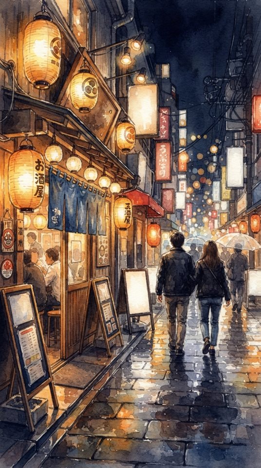 Watercolor illustration of a Tokyo street at night, close-up detail with shallow depth of field, warm golden light, calm mood, 9:16 aspect ratio
